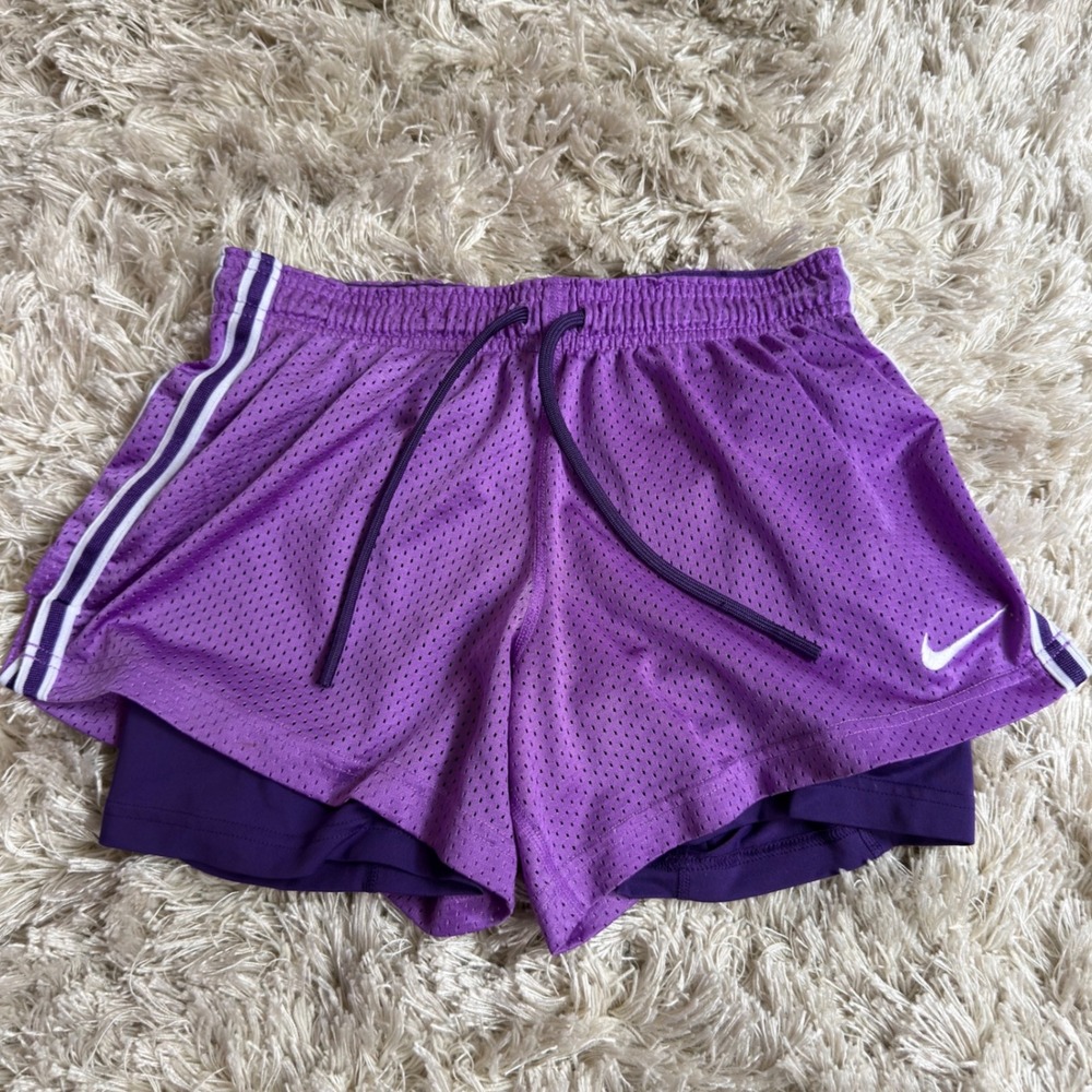 Nike Pro Dri Fit 2-in-1 Layer Lined Mesh Running Shorts Purple Striped Womens S